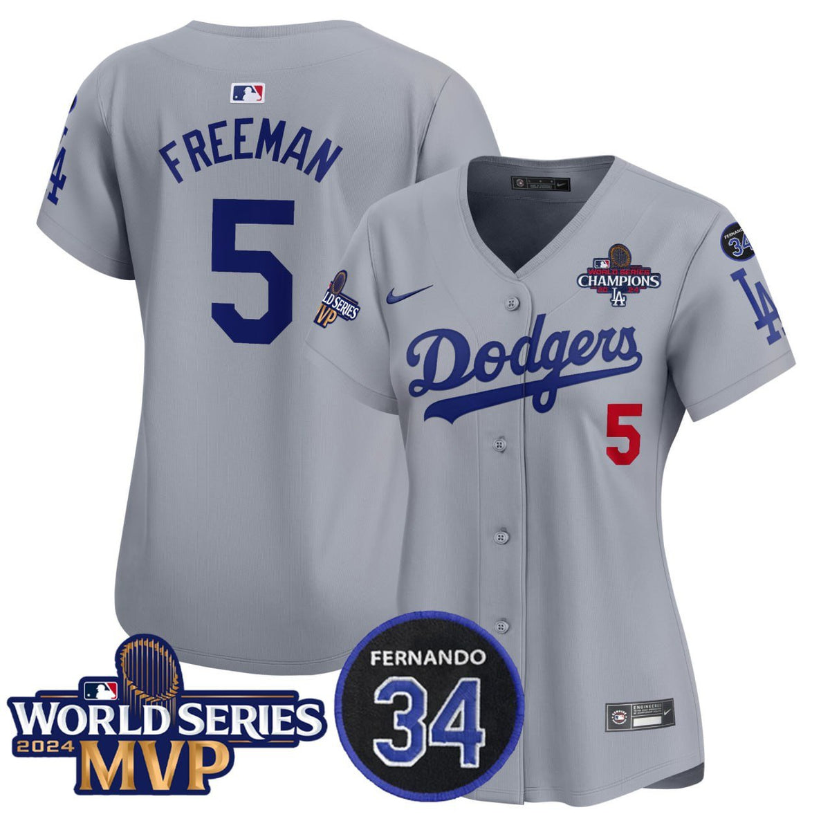 Freddie Freeman LAD 2024 World Series Champions MVP Gray Women Jersey - All Stitched