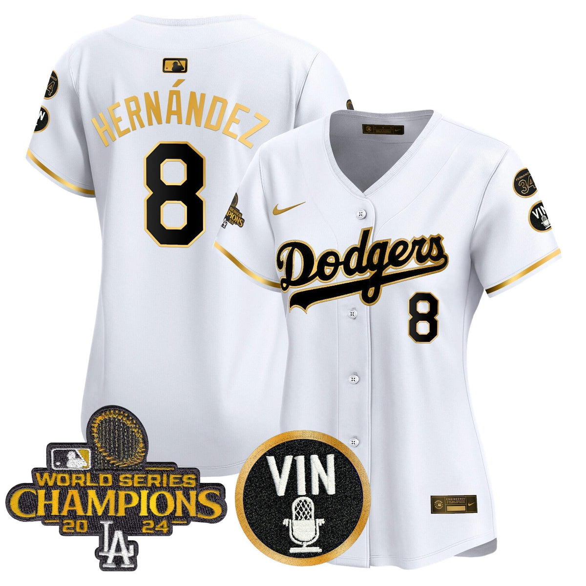 Women's Dodgers 2025 Vin Scully & #34 Fernando Patch Gold Vapor Premier Limited Jersey - All Stitched