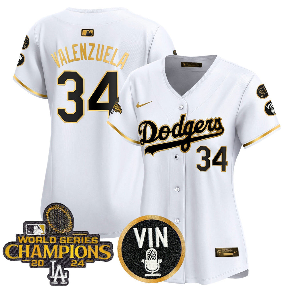 Women's Dodgers 2025 Vin Scully & #34 Fernando Patch Gold Vapor Premier Limited Jersey - All Stitched