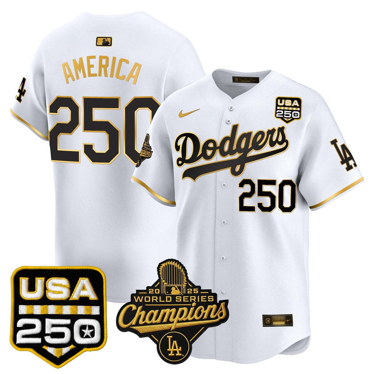 Dodgers 2025 World Series Champions & 250America Patch Vapor Premier Limited Jersey - All Stitched